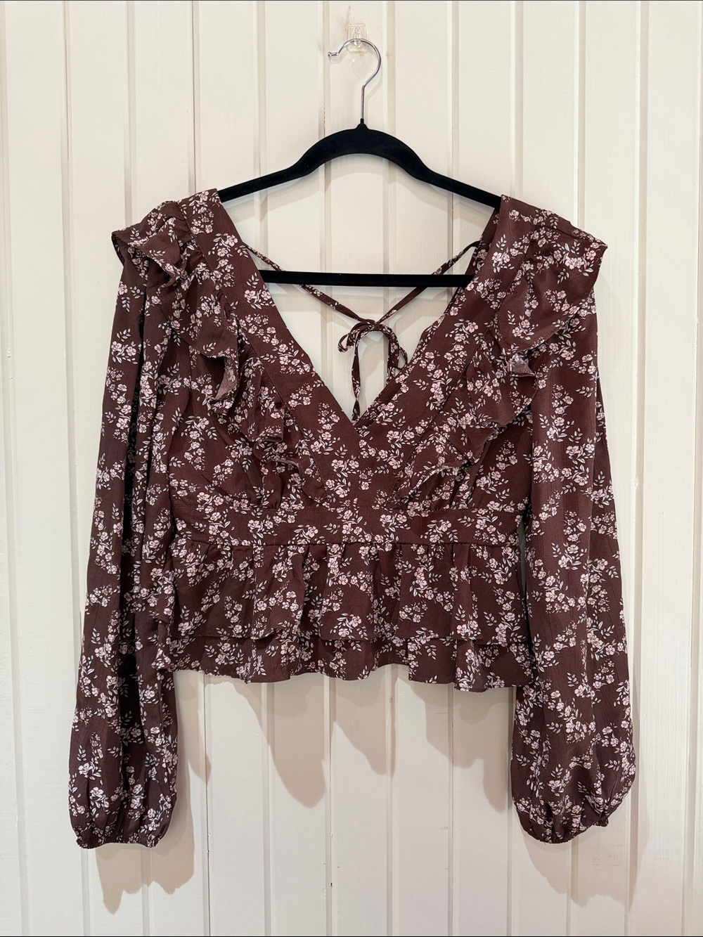 Altar'd State Brown Floral Ruffle V-Neck Blouse